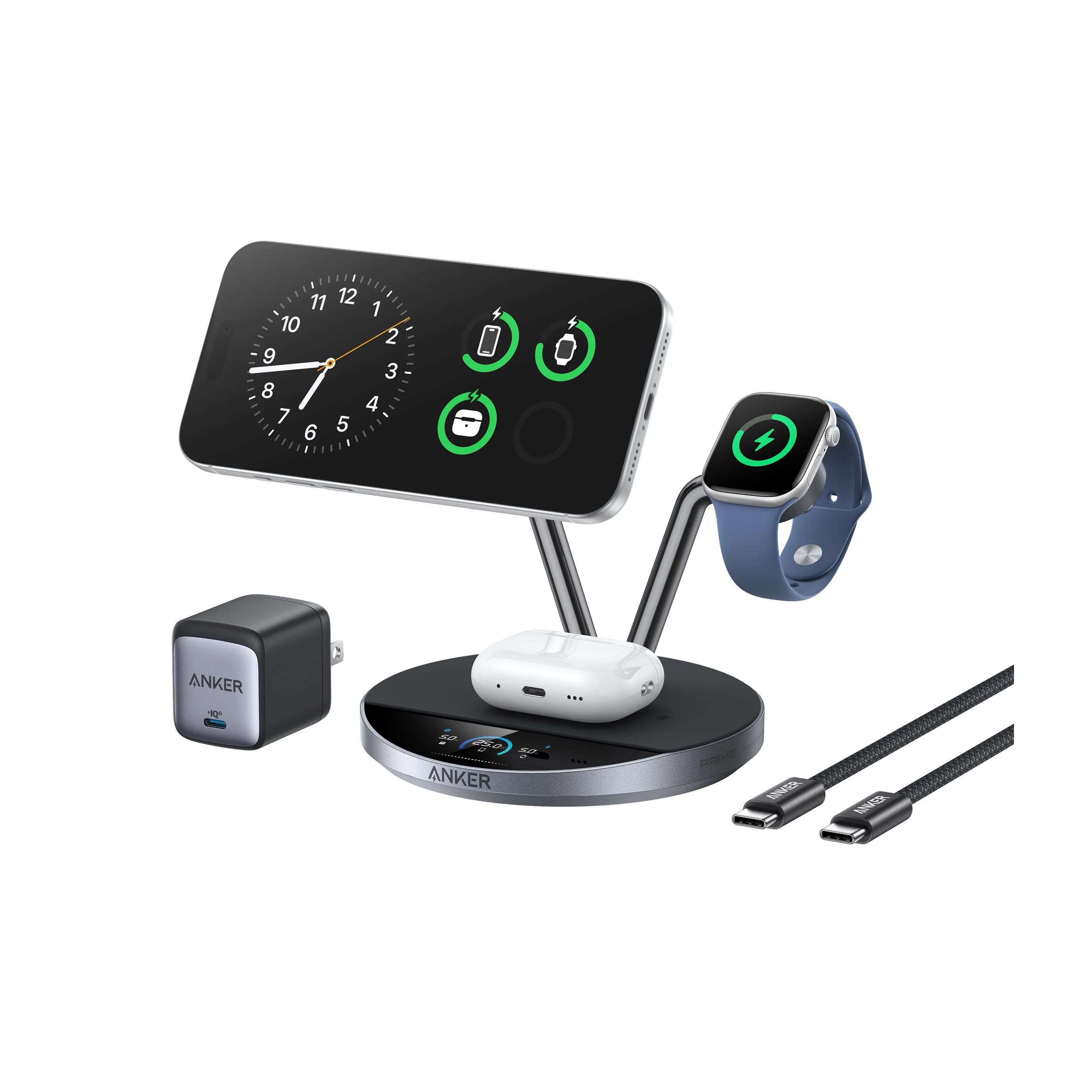 Беспроводная зарядная станция Anker Prime (3-в-1, MagGo, AirCool, док-стойка)